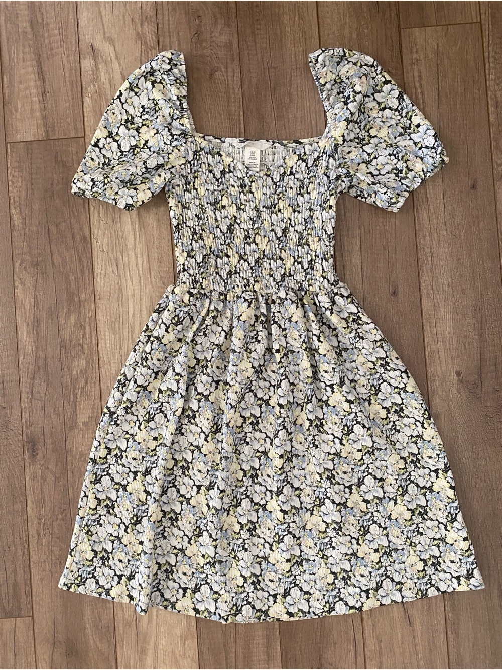 H&M Yellow & Light Blue Floral Smocked Midi Dress